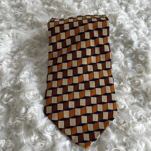 Valentino Cravatte Men’s Silk Tie Geometric Print Tan Brown Blue Made in Italy
